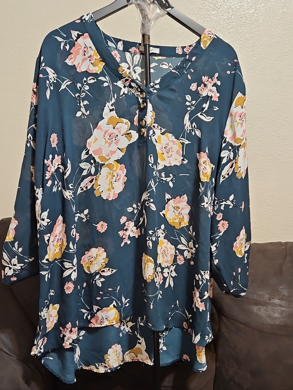 Maurices Dark Green Floral Tunic with Pink & Yellow Blooms